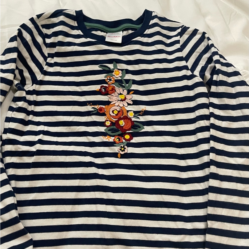 Hanna Andersson Navy & White Striped Long Sleeve Top with Floral Embroidery